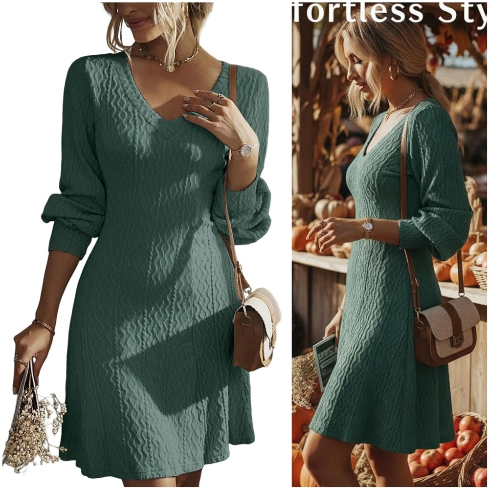 NWT Dokotoo Green V Cable Knit Long Sleeve Texture Sweater A Line Mini Dress S L